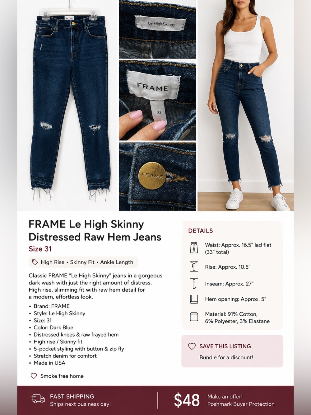Frame Denim Le High Skinny Jeans in dark blue with distressed knees